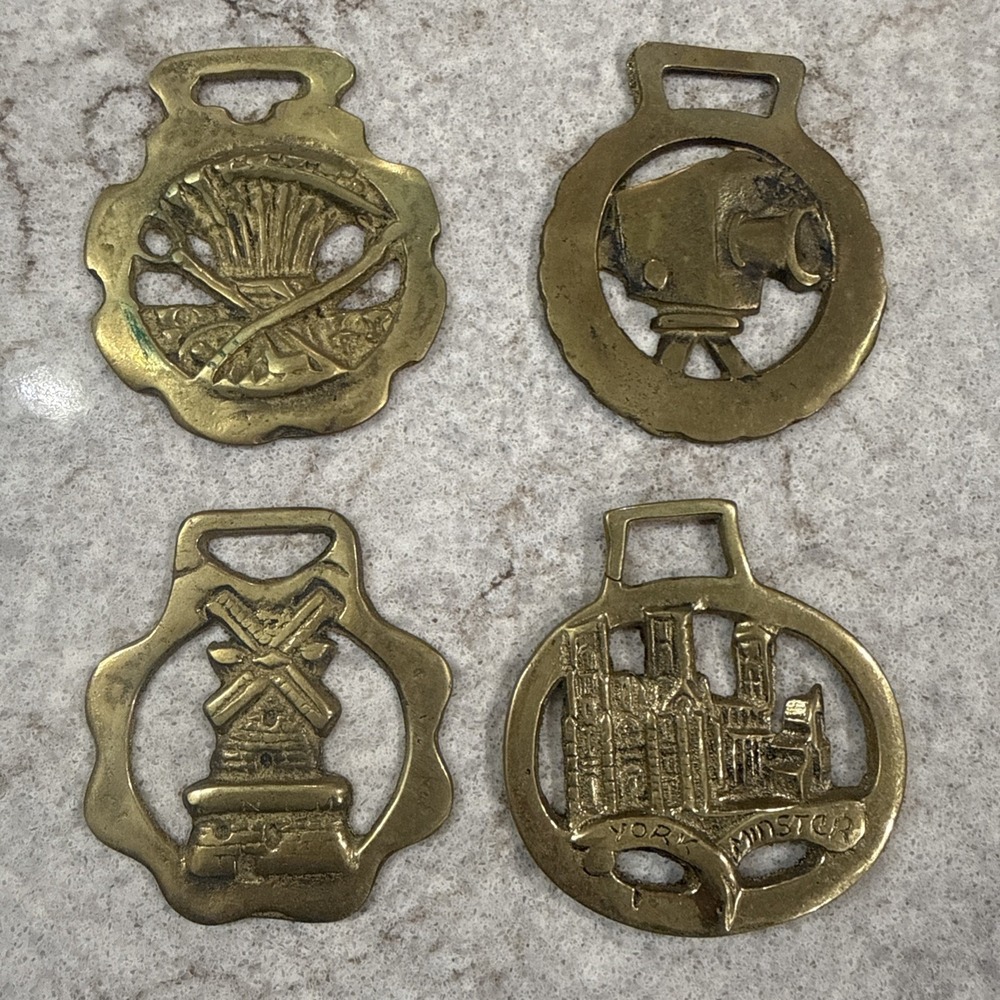Vintage Lot Of 4 Brass Horse Harness Medallion Windmill Camera York Minster